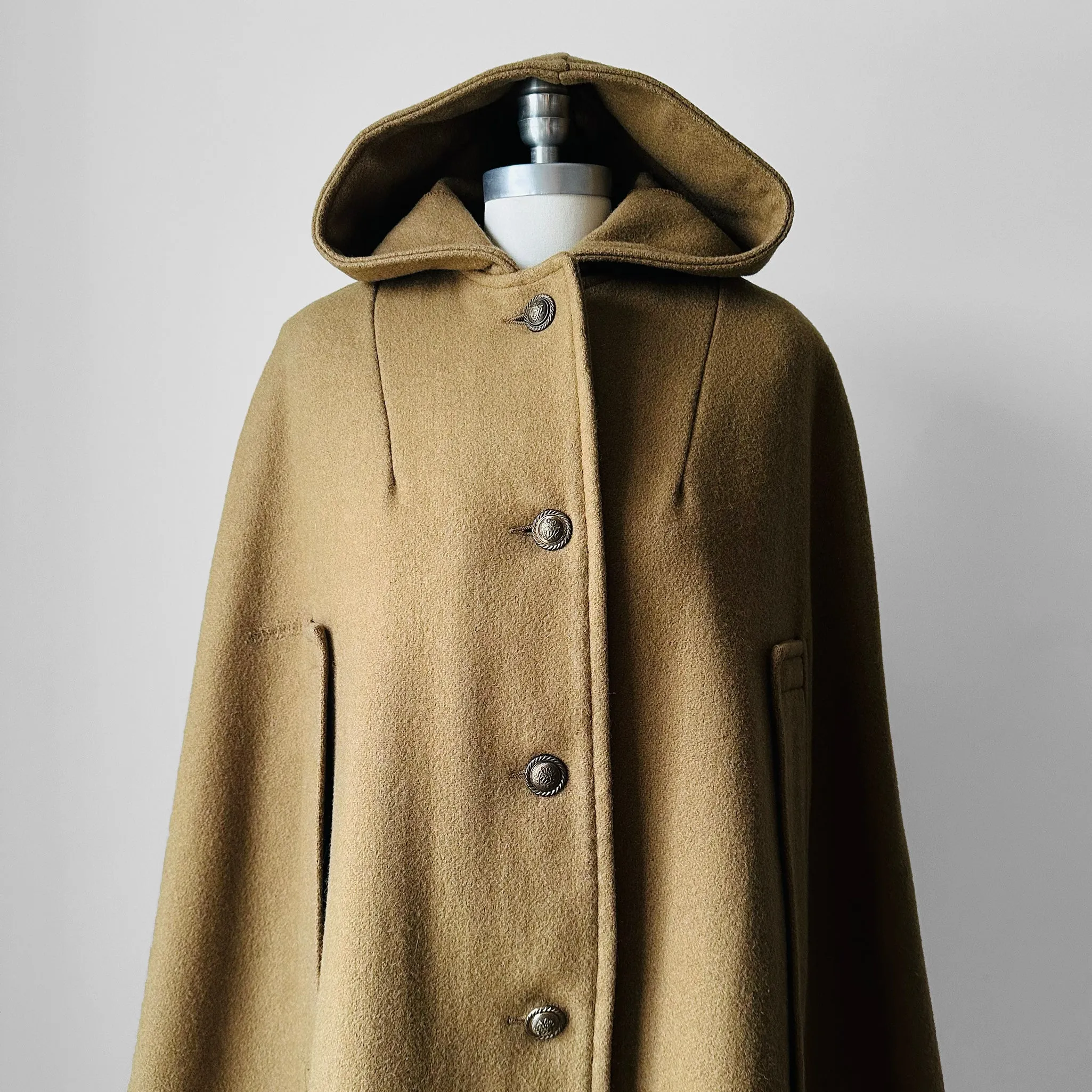 1940s Olive Hooded Military Uniform Heavy Wool Cape - Sz. O/S