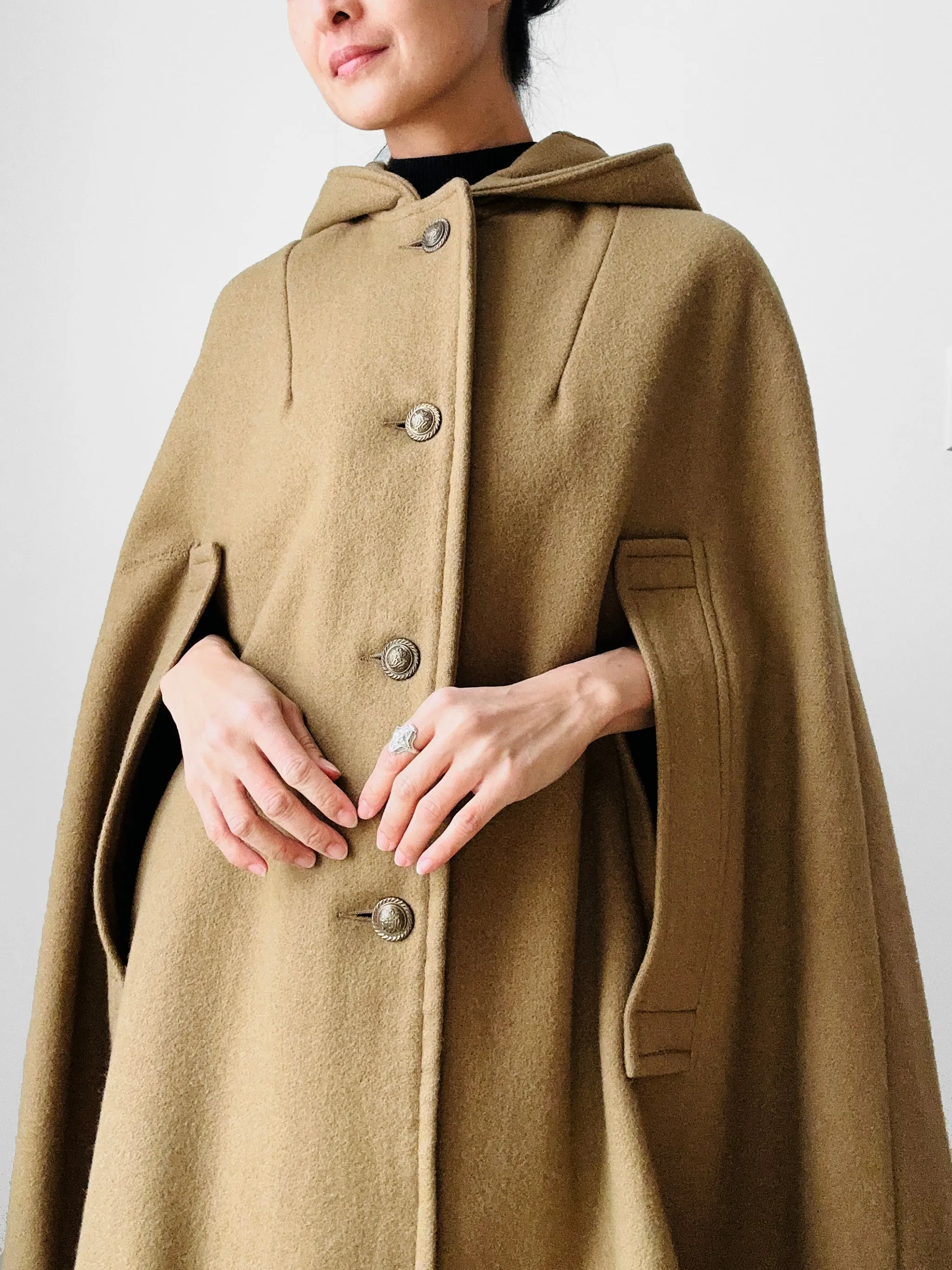 1940s Olive Hooded Military Uniform Heavy Wool Cape - Sz. O/S