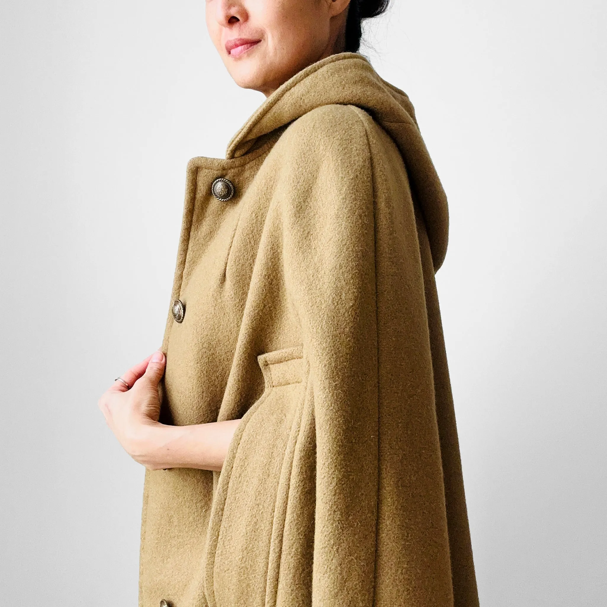1940s Olive Hooded Military Uniform Heavy Wool Cape - Sz. O/S