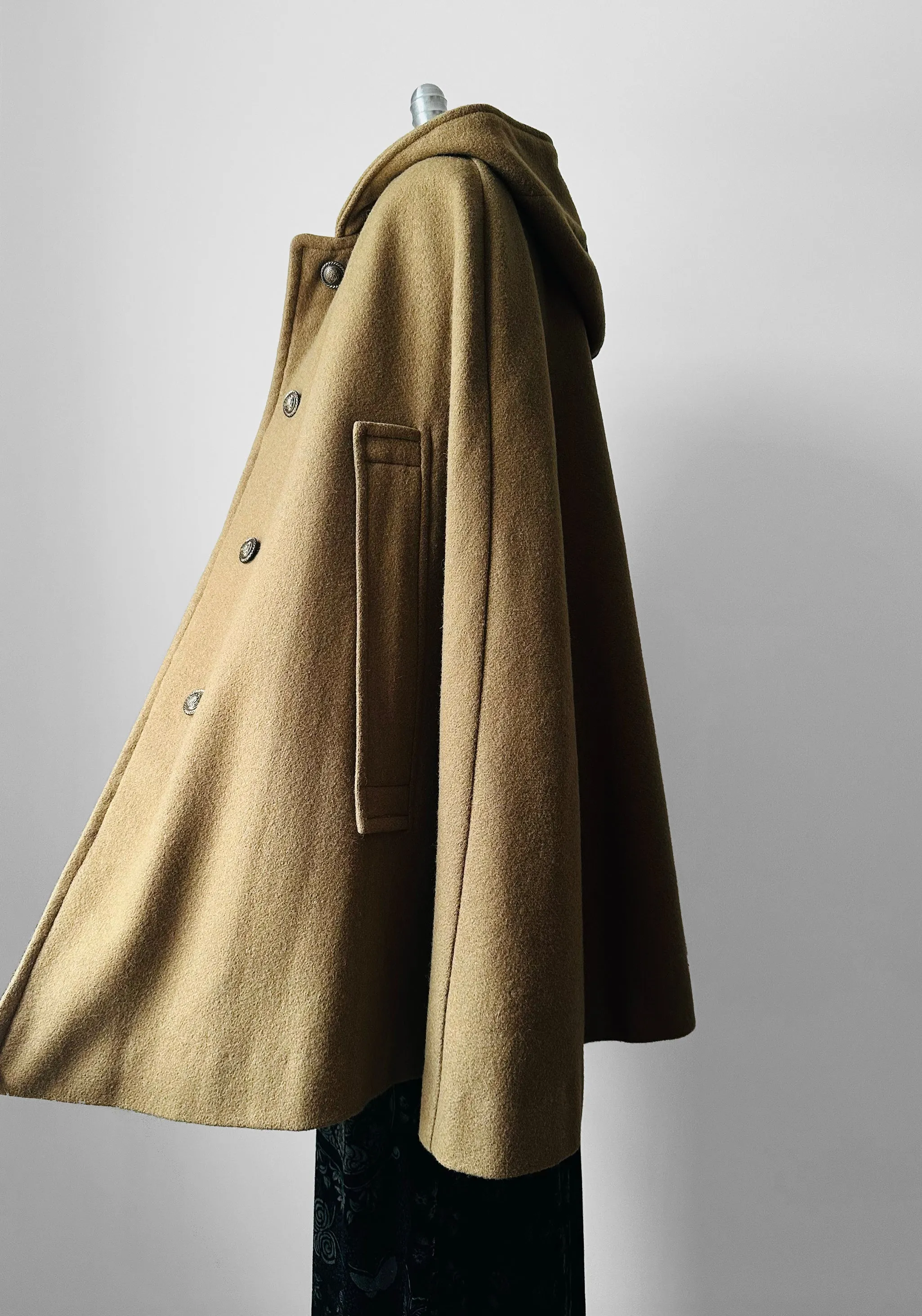 1940s Olive Hooded Military Uniform Heavy Wool Cape - Sz. O/S