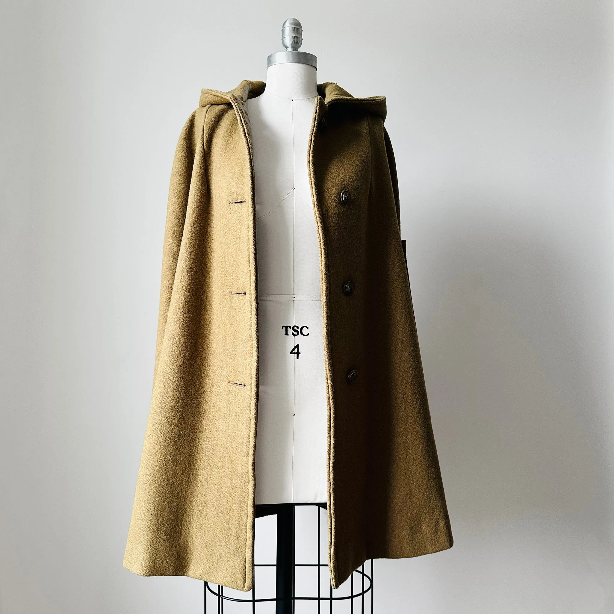 1940s Olive Hooded Military Uniform Heavy Wool Cape - Sz. O/S