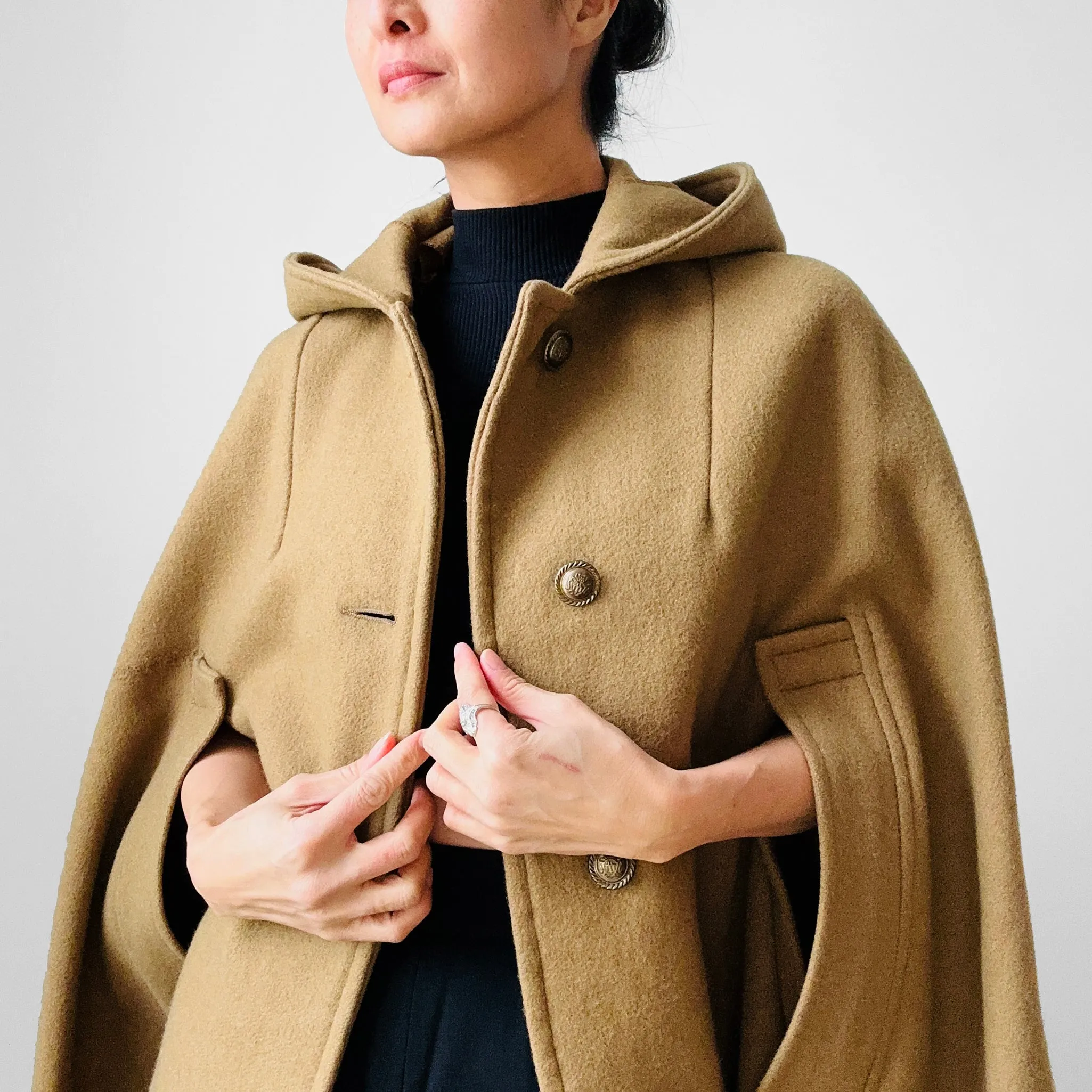 1940s Olive Hooded Military Uniform Heavy Wool Cape - Sz. O/S