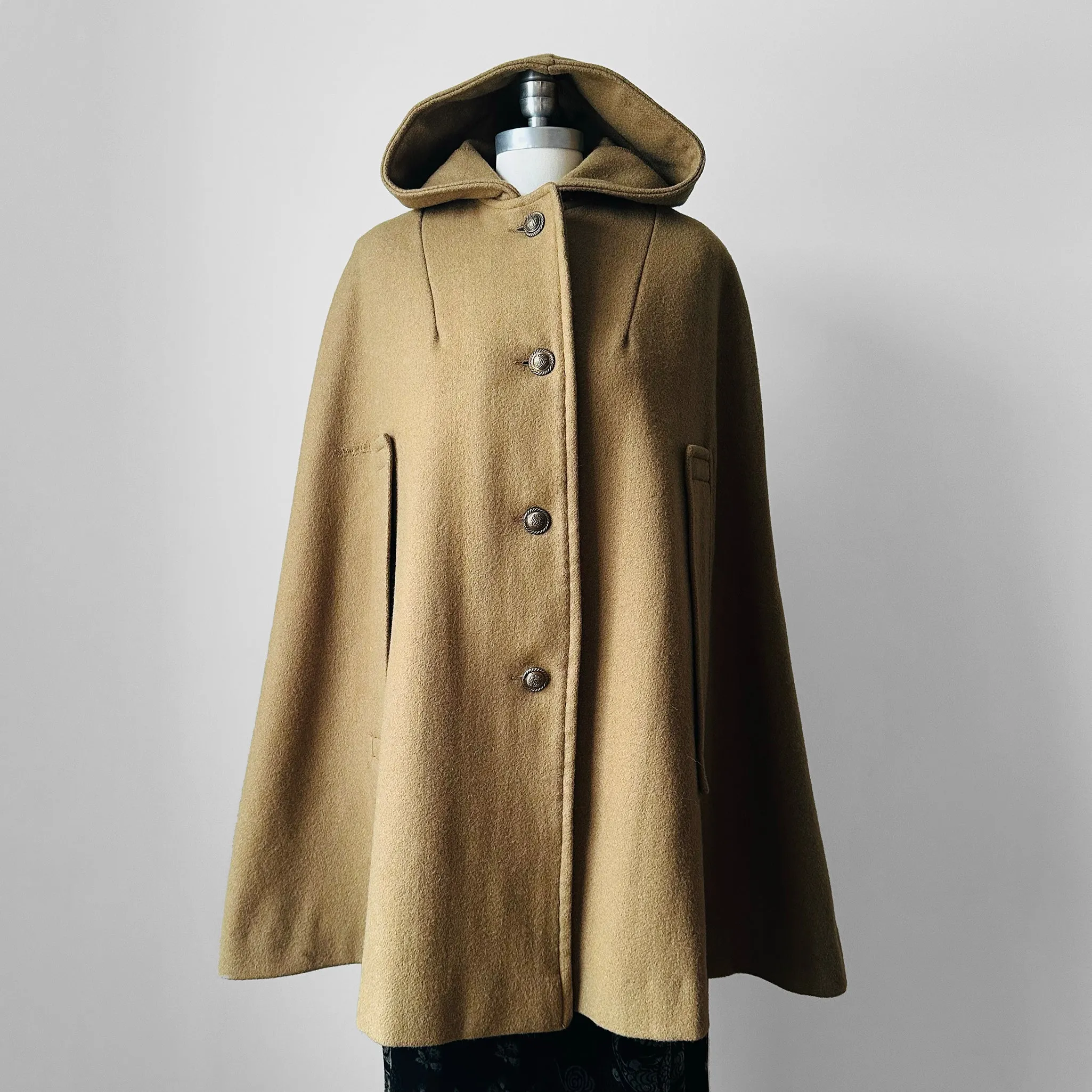 1940s Olive Hooded Military Uniform Heavy Wool Cape - Sz. O/S