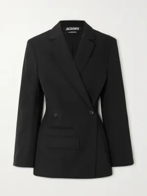 Black double-breasted wool blazer