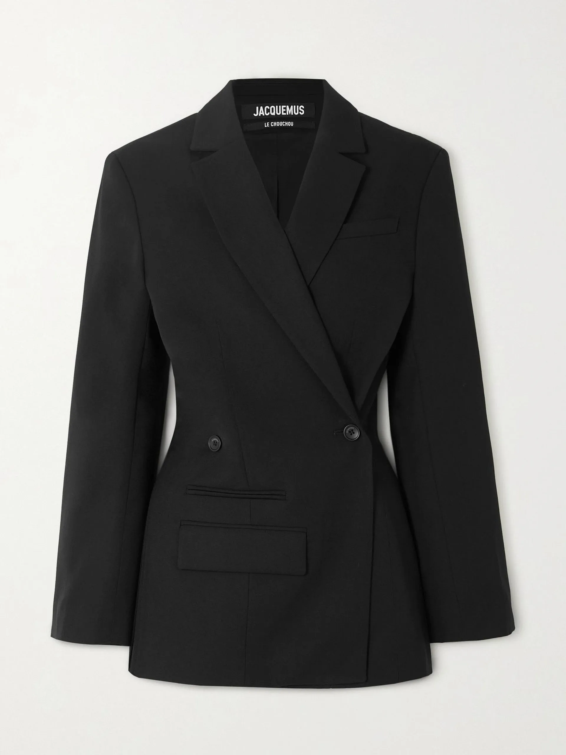 Black double-breasted wool blazer