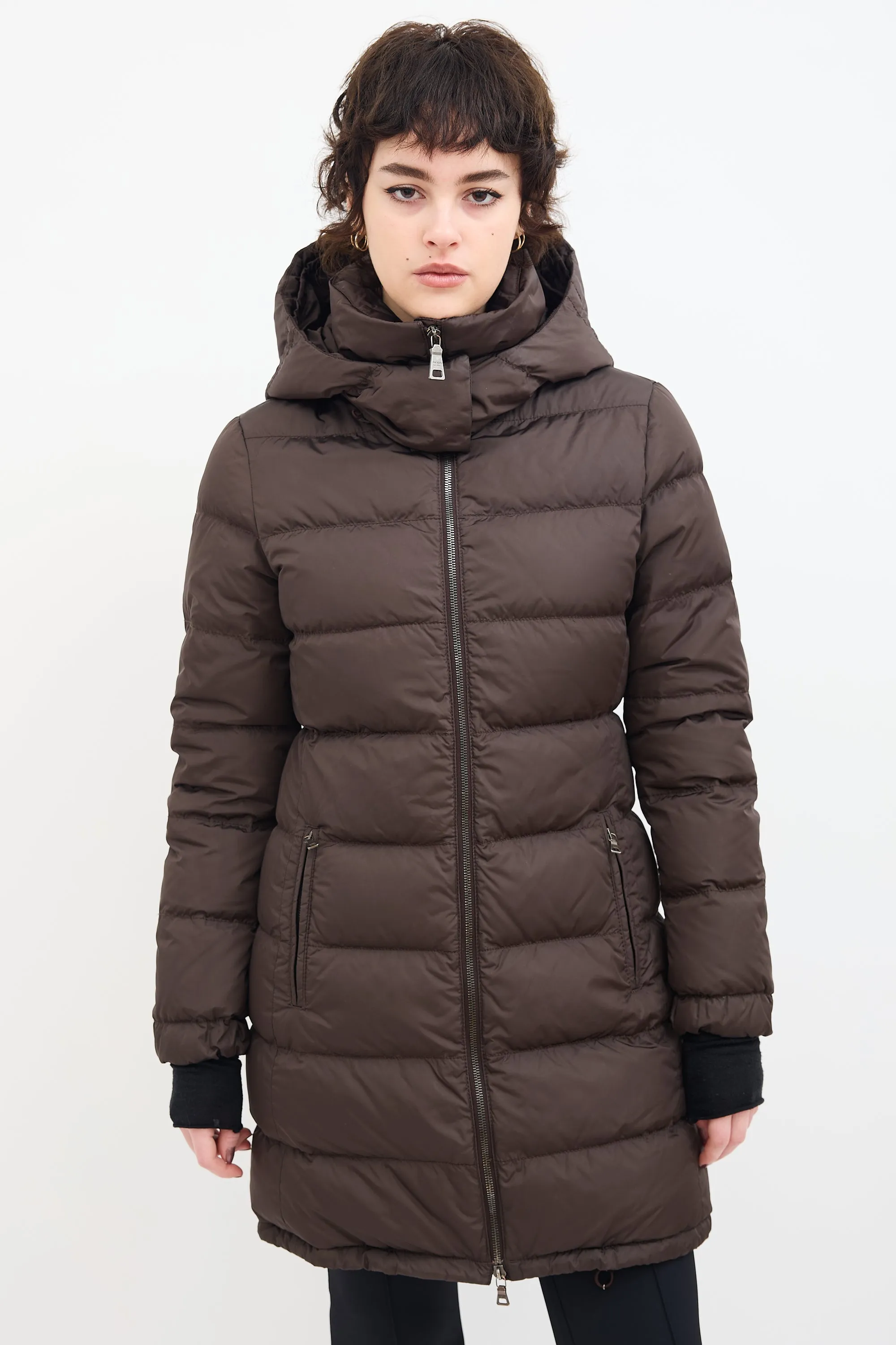 Brown Down & Nylon Hooded Puffer Coat