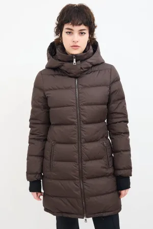 Brown Down & Nylon Hooded Puffer Coat