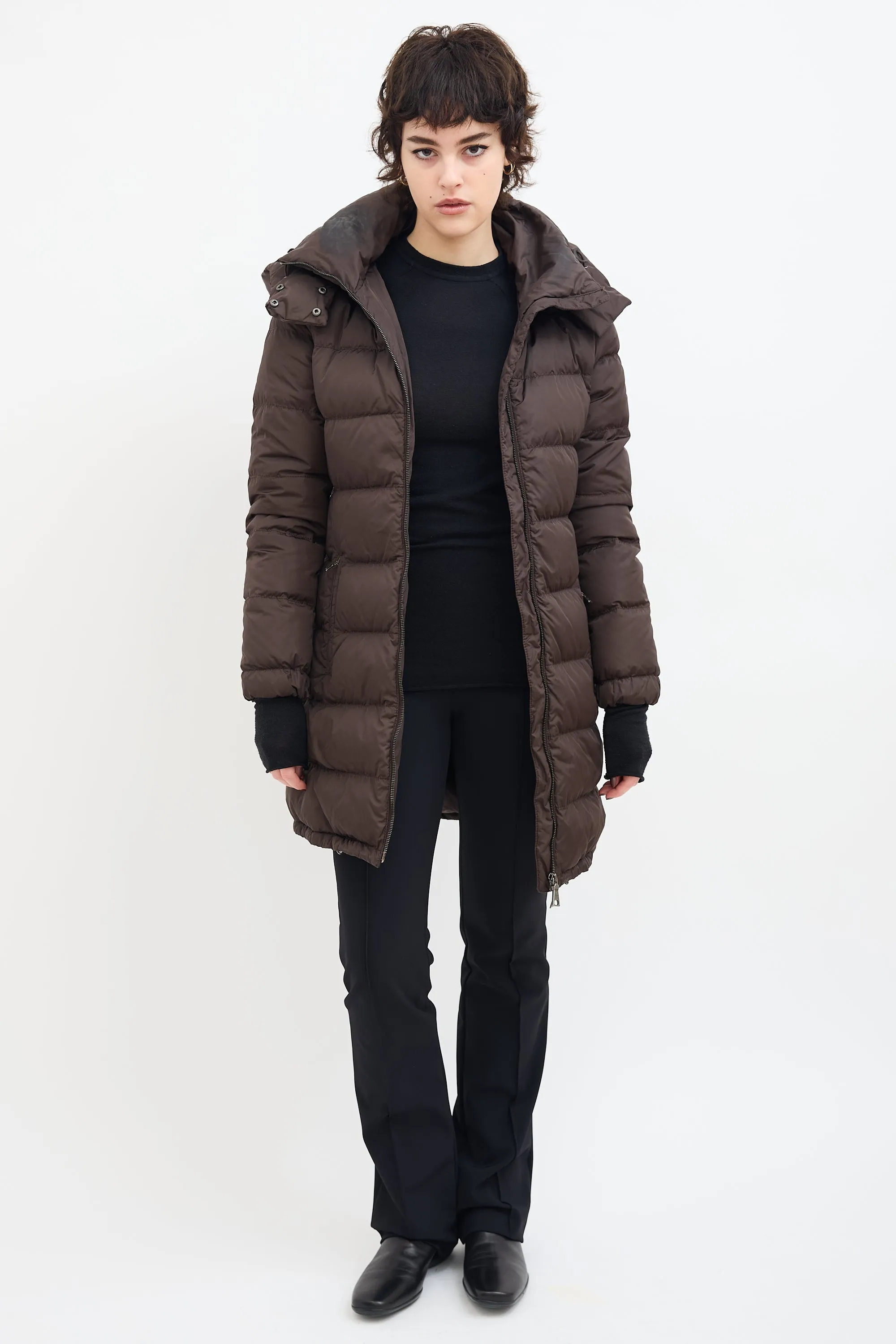 Brown Down & Nylon Hooded Puffer Coat