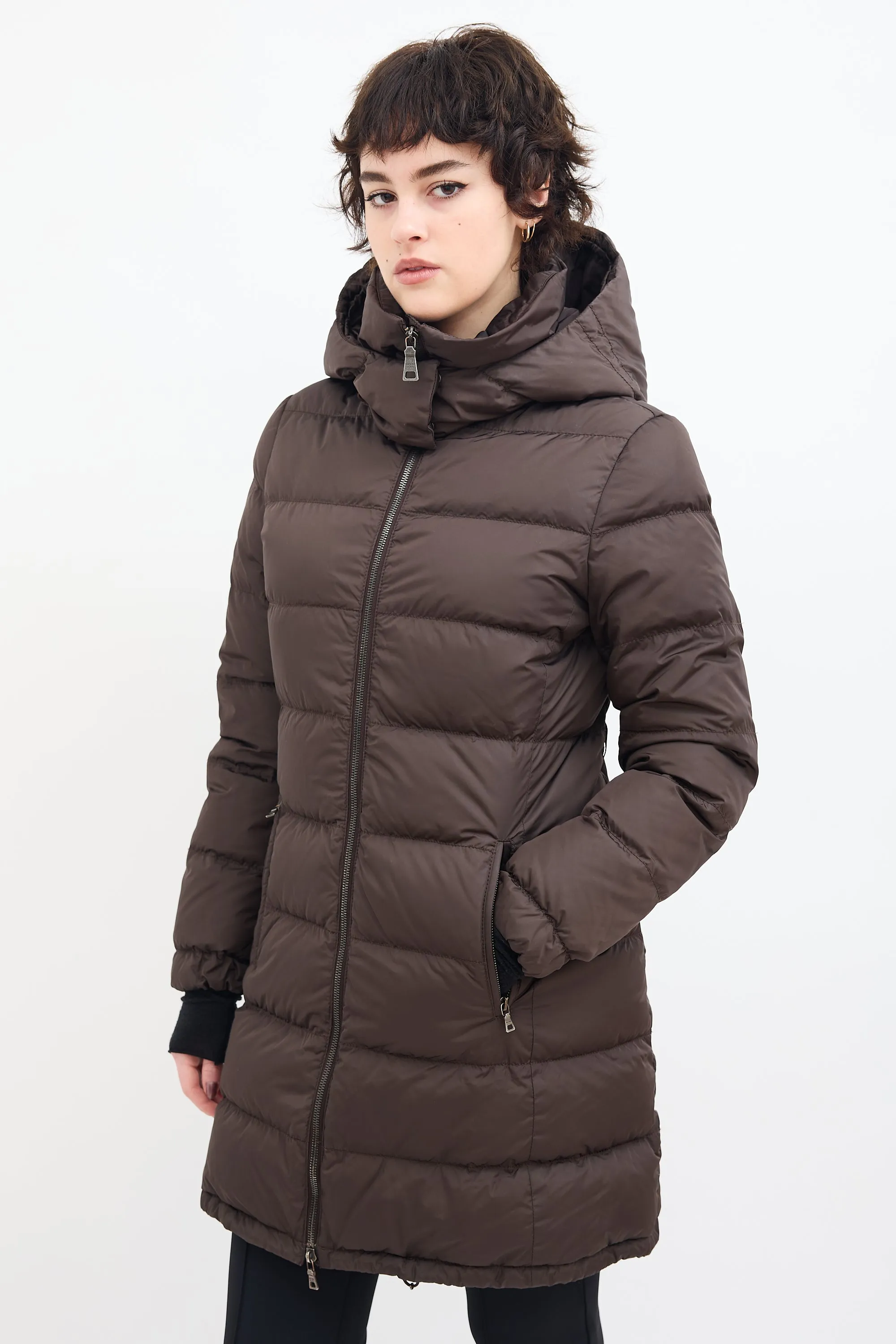 Brown Down & Nylon Hooded Puffer Coat