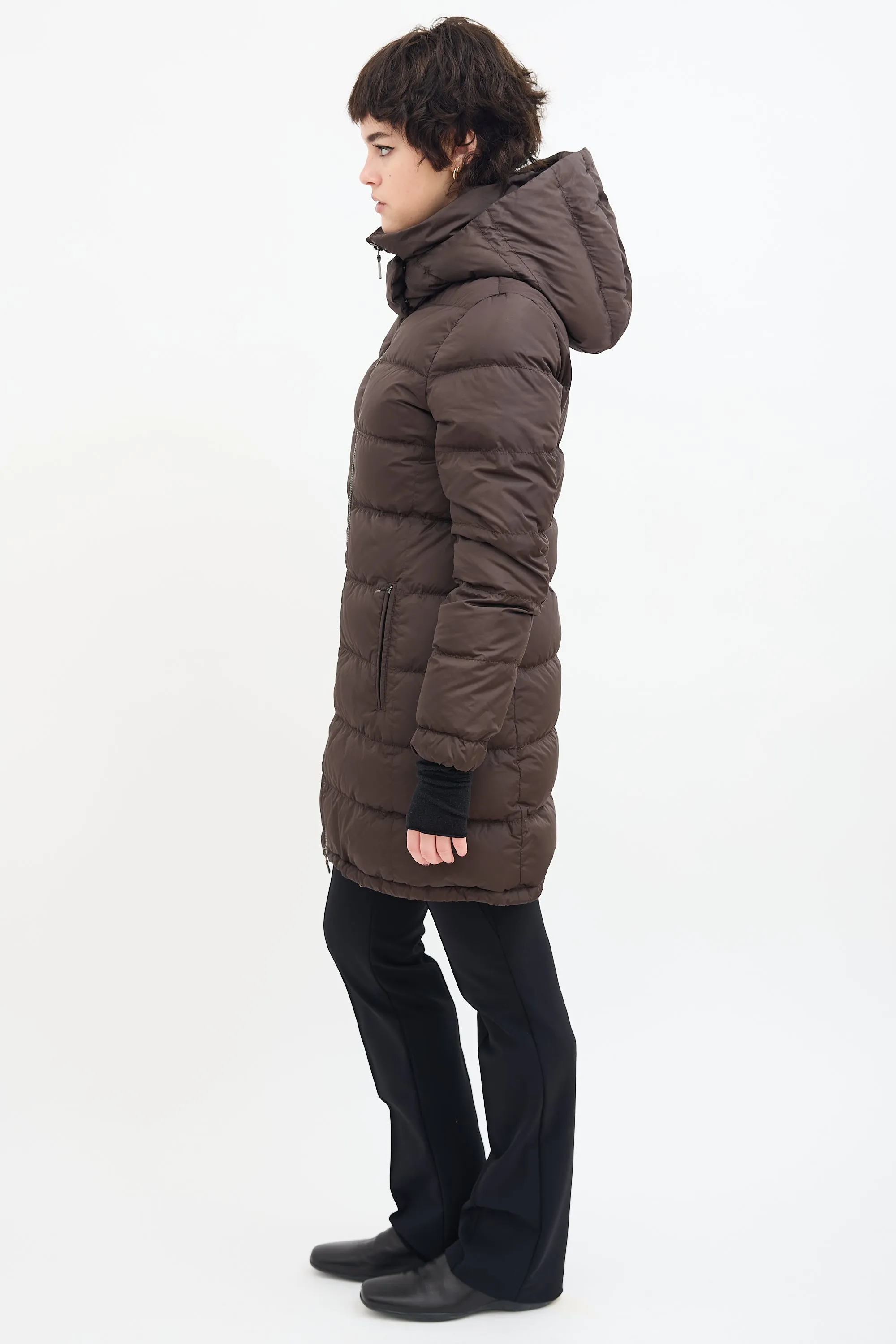 Brown Down & Nylon Hooded Puffer Coat