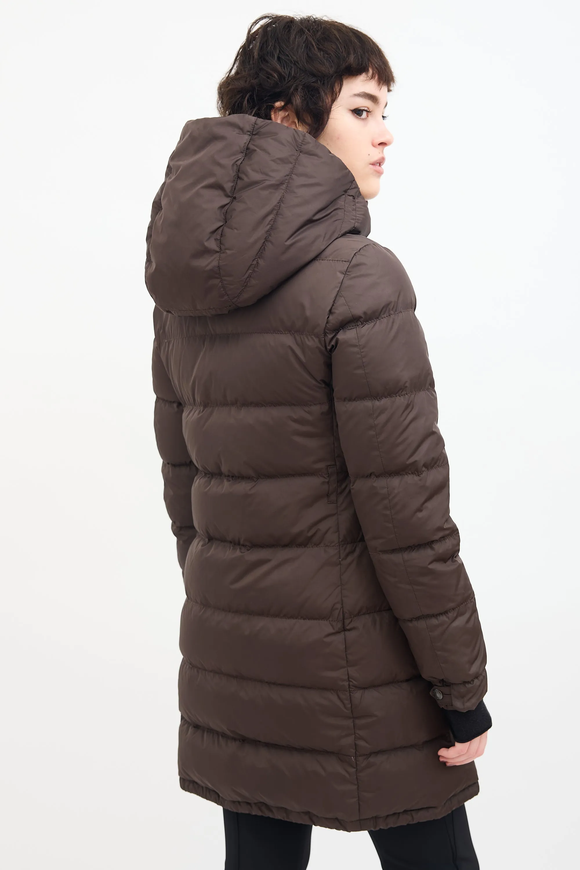 Brown Down & Nylon Hooded Puffer Coat