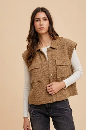 Brown Puzzle Quilted Snap Down Vest Coat