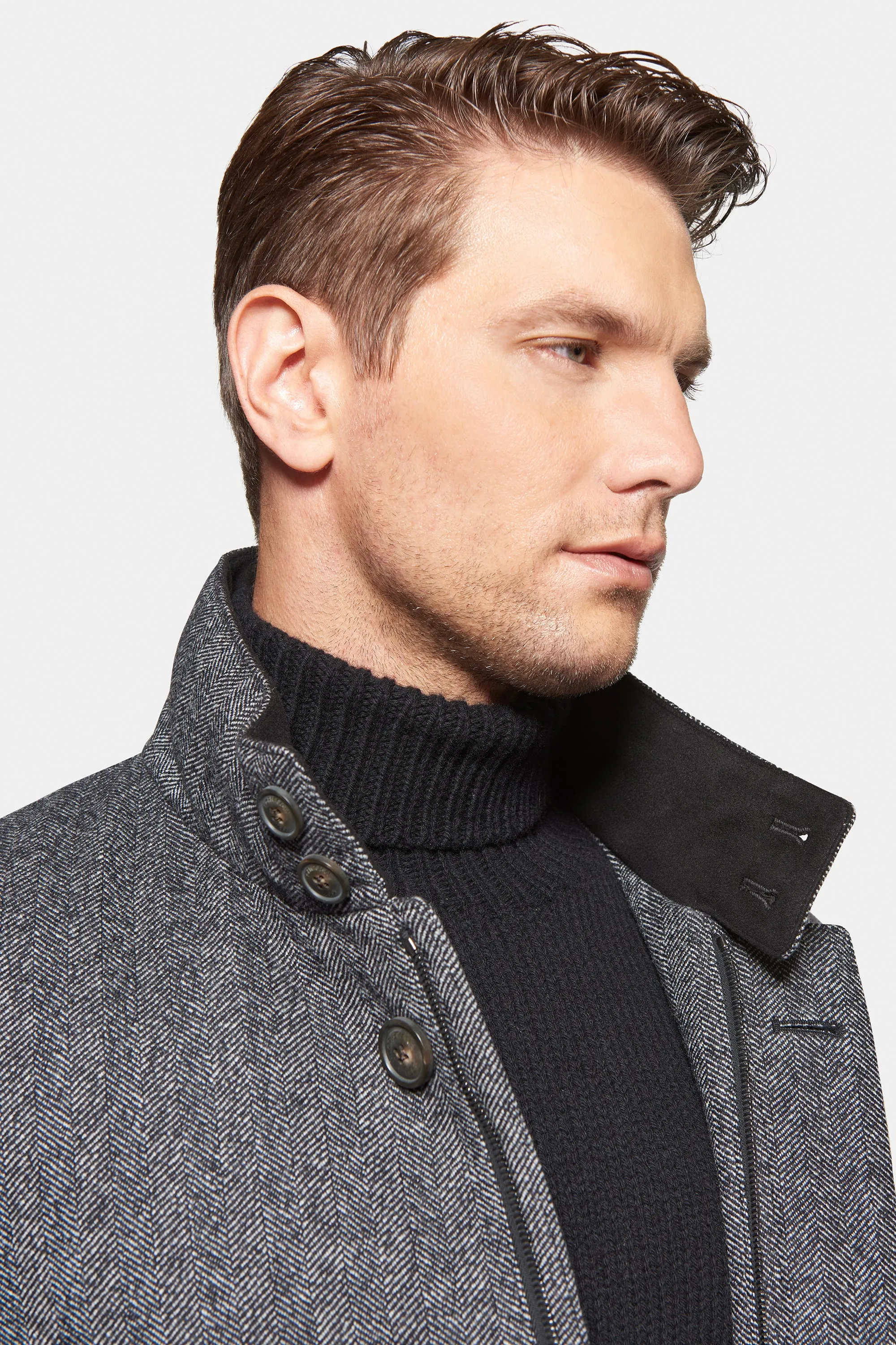 Cashmere Wool Topcoat, Grey Black Herringbone