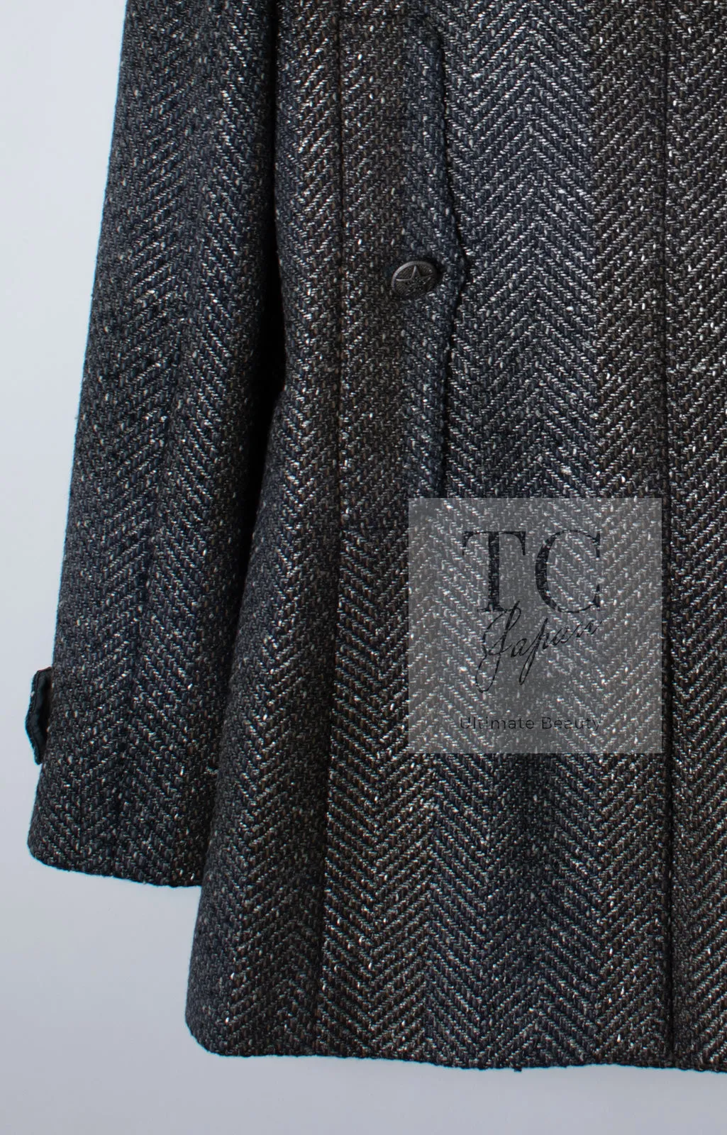 CHANEL 07PF Gray Silver Chevron Double Wool Tweed Jacket Coat 38 シャネル グレー シルバー シェブロン ダブル ウール ツイード ジャケット コート 即発