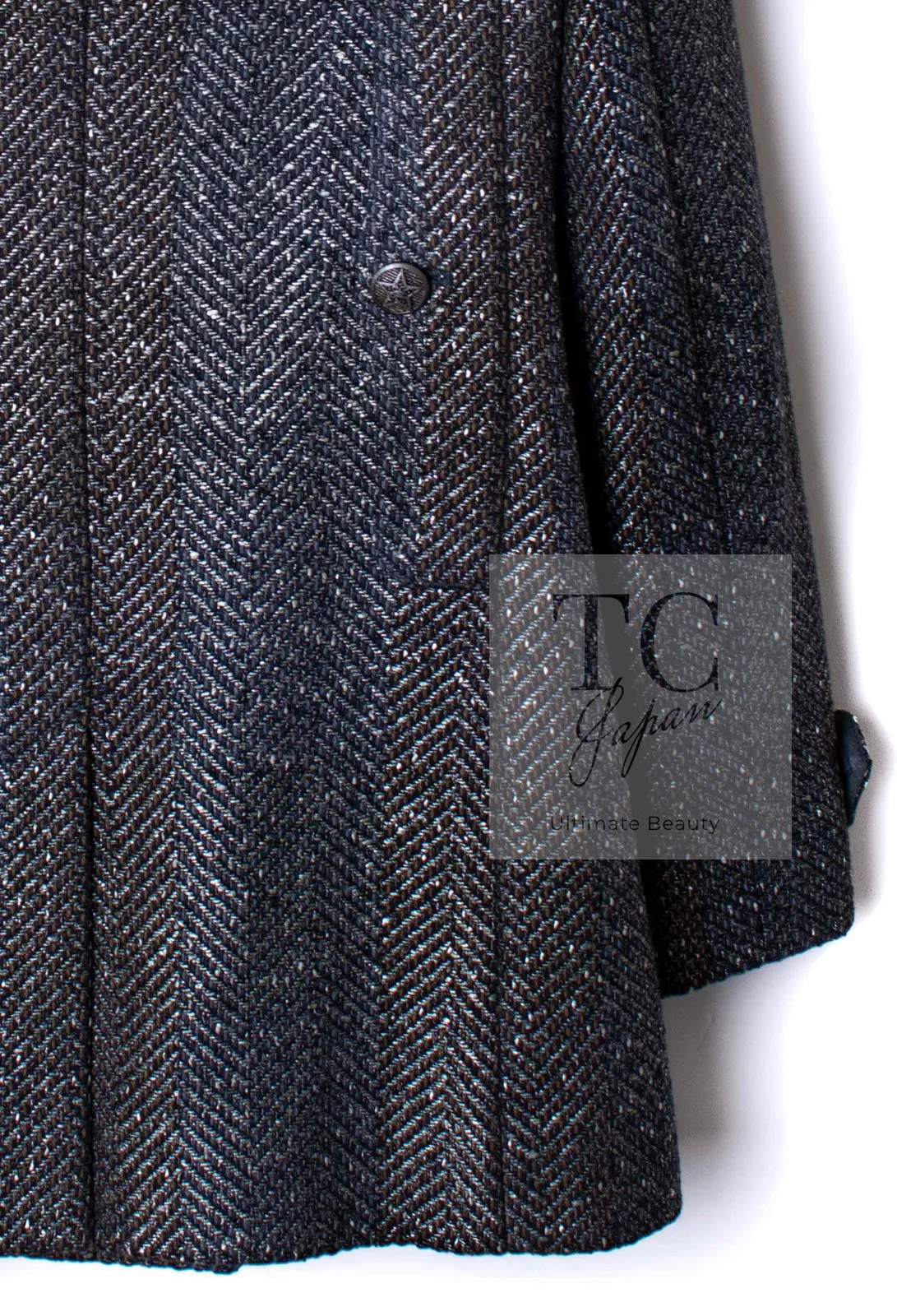 CHANEL 07PF Gray Silver Chevron Double Wool Tweed Jacket Coat 38 シャネル グレー シルバー シェブロン ダブル ウール ツイード ジャケット コート 即発