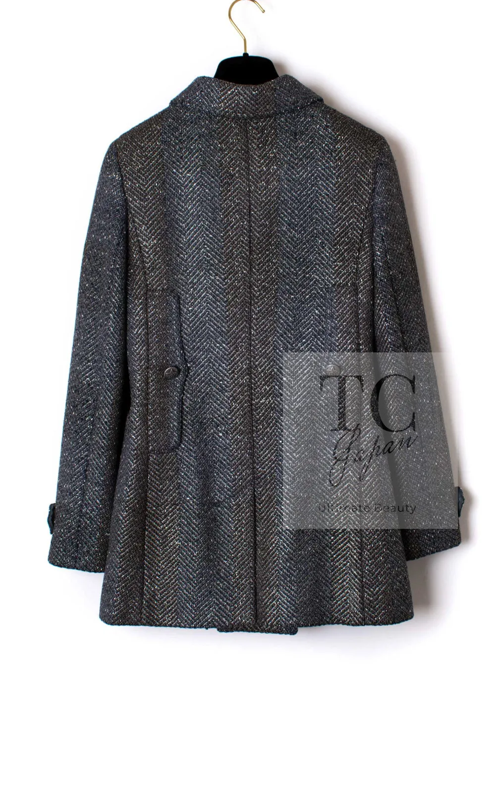 CHANEL 07PF Gray Silver Chevron Double Wool Tweed Jacket Coat 38 シャネル グレー シルバー シェブロン ダブル ウール ツイード ジャケット コート 即発