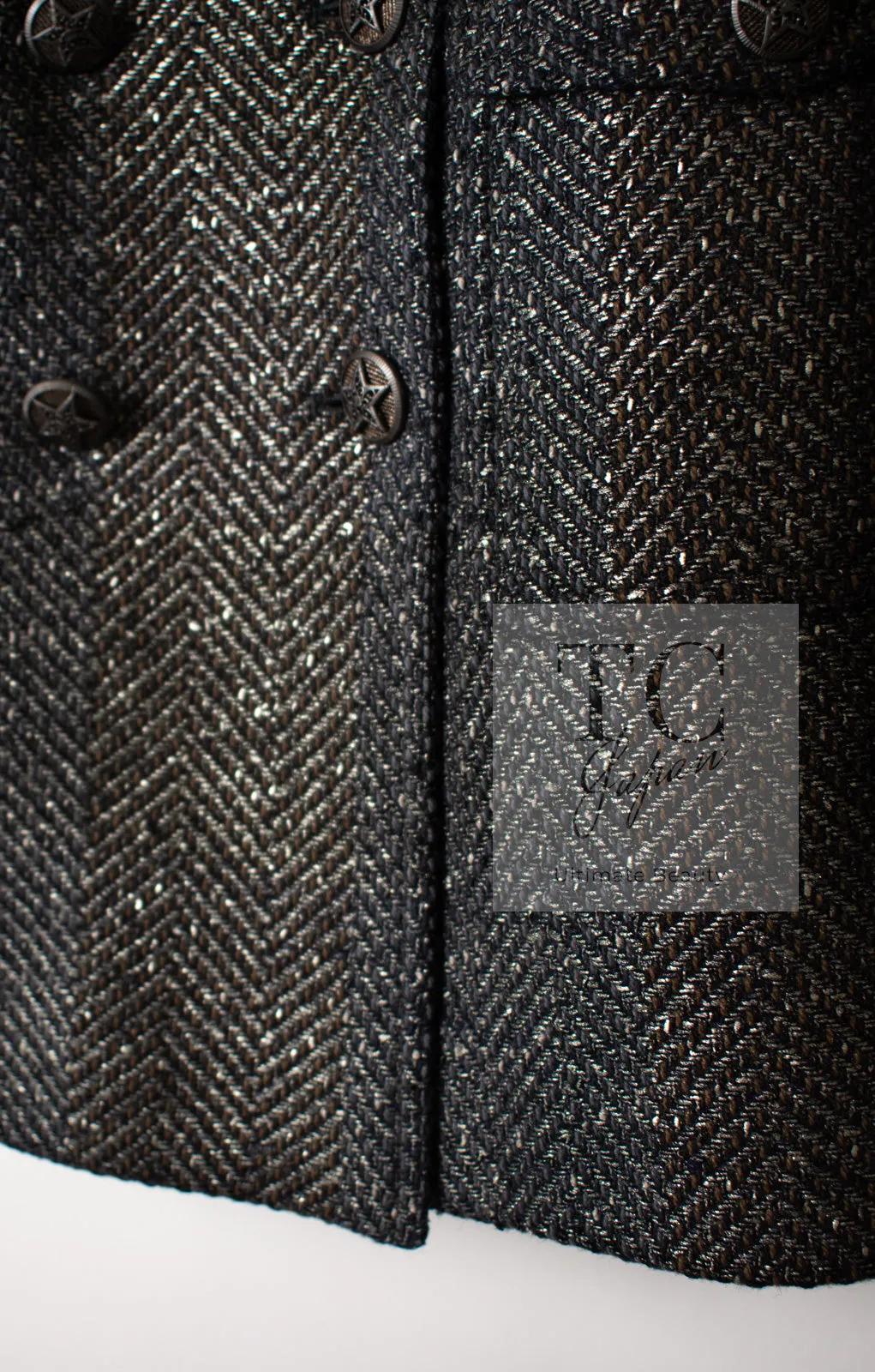 CHANEL 07PF Gray Silver Chevron Double Wool Tweed Jacket Coat 38 シャネル グレー シルバー シェブロン ダブル ウール ツイード ジャケット コート 即発