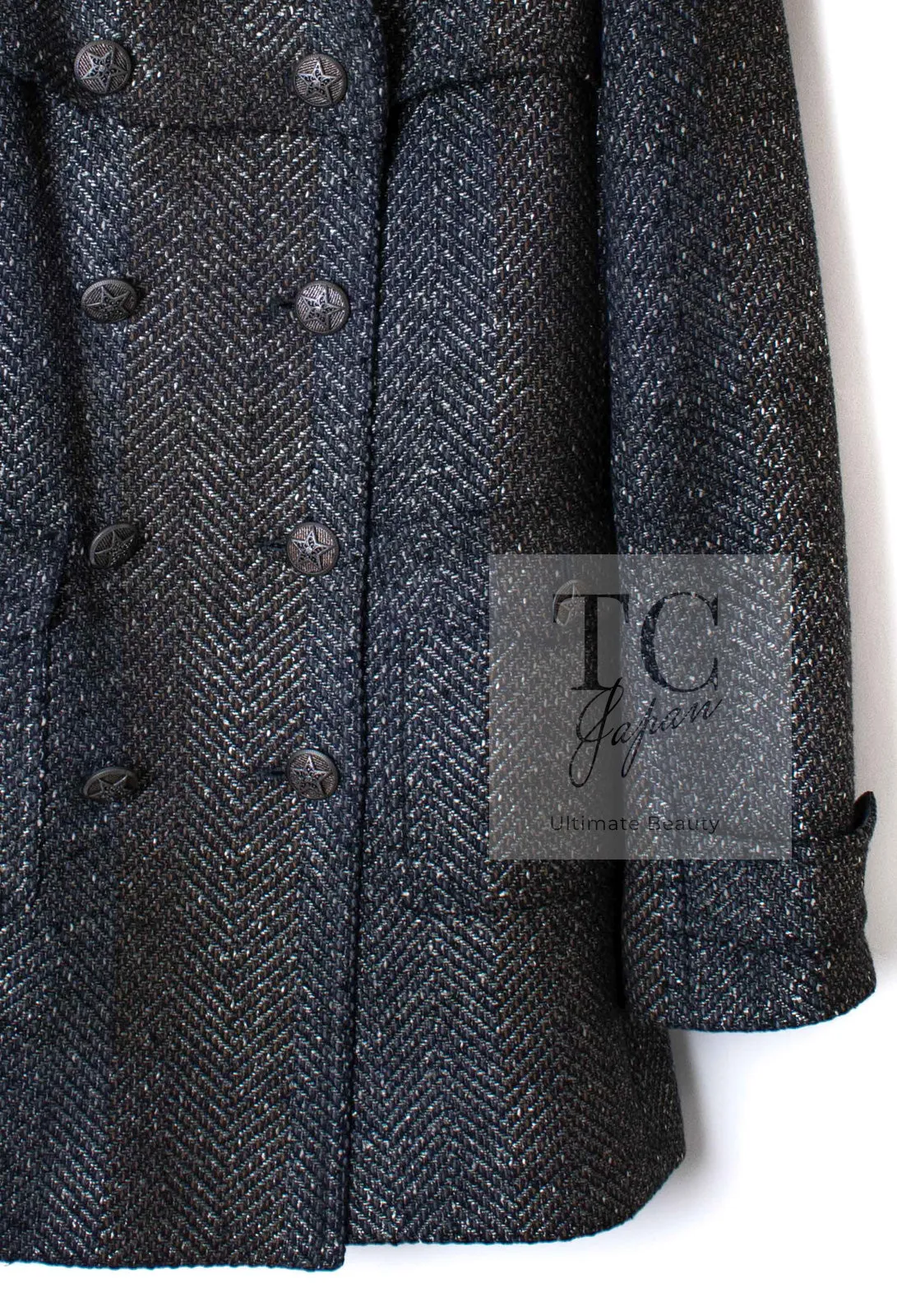 CHANEL 07PF Gray Silver Chevron Double Wool Tweed Jacket Coat 38 シャネル グレー シルバー シェブロン ダブル ウール ツイード ジャケット コート 即発