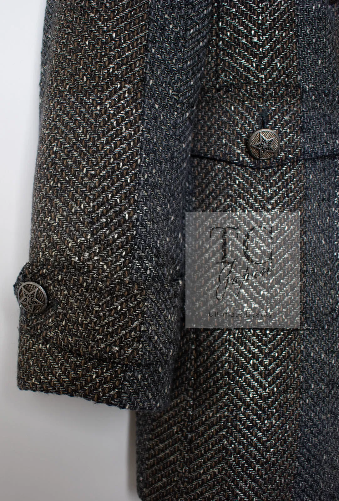 CHANEL 07PF Gray Silver Chevron Double Wool Tweed Jacket Coat 38 シャネル グレー シルバー シェブロン ダブル ウール ツイード ジャケット コート 即発