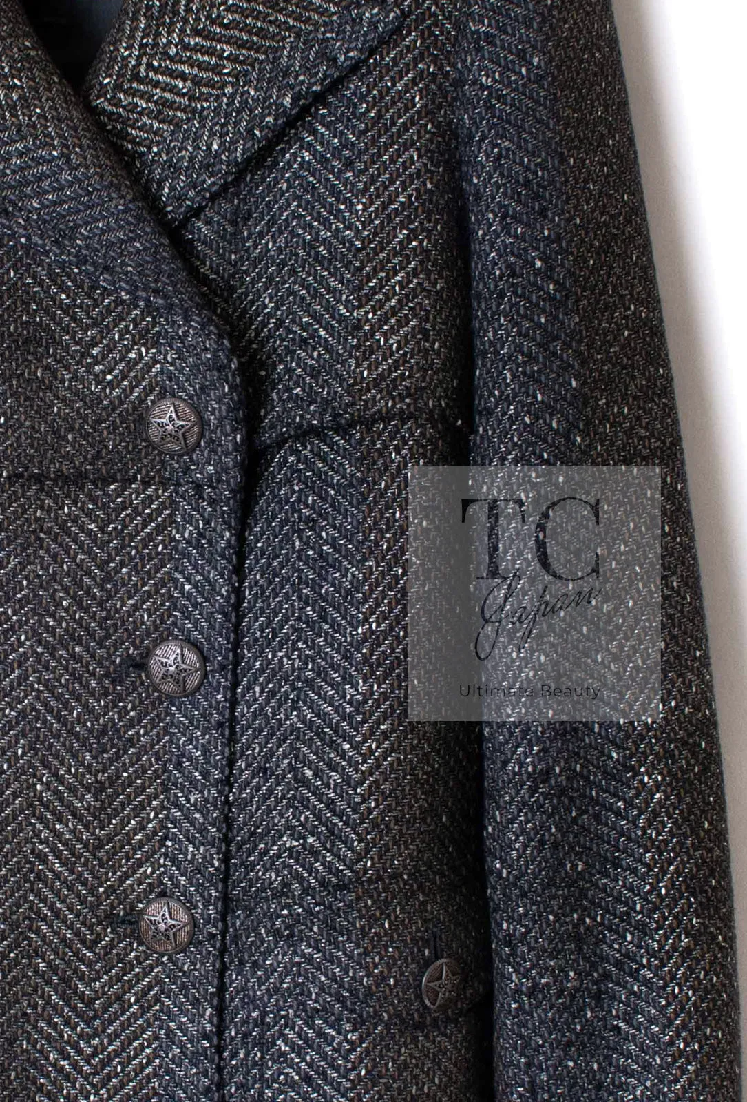 CHANEL 07PF Gray Silver Chevron Double Wool Tweed Jacket Coat 38 シャネル グレー シルバー シェブロン ダブル ウール ツイード ジャケット コート 即発