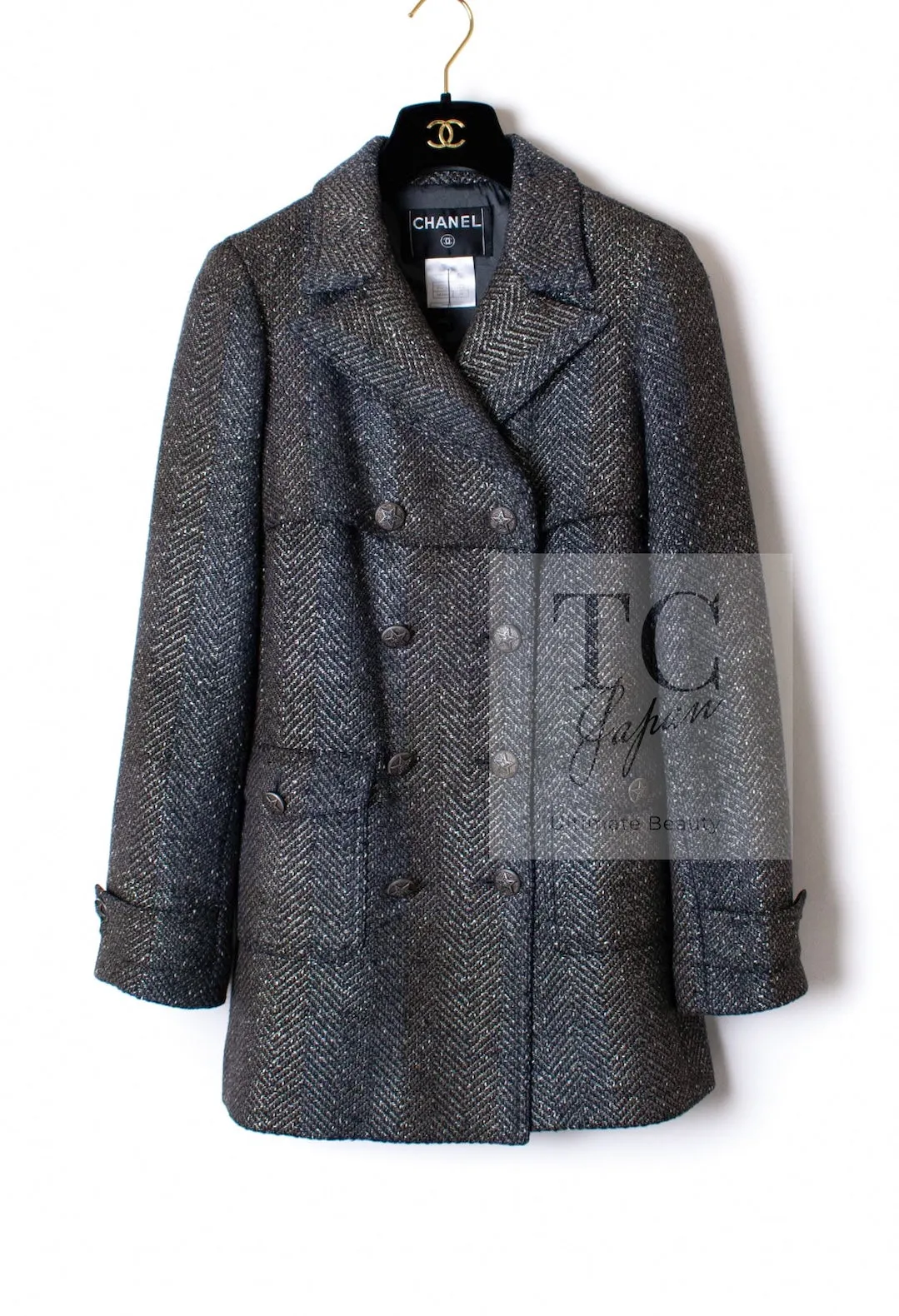 CHANEL 07PF Gray Silver Chevron Double Wool Tweed Jacket Coat 38 シャネル グレー シルバー シェブロン ダブル ウール ツイード ジャケット コート 即発