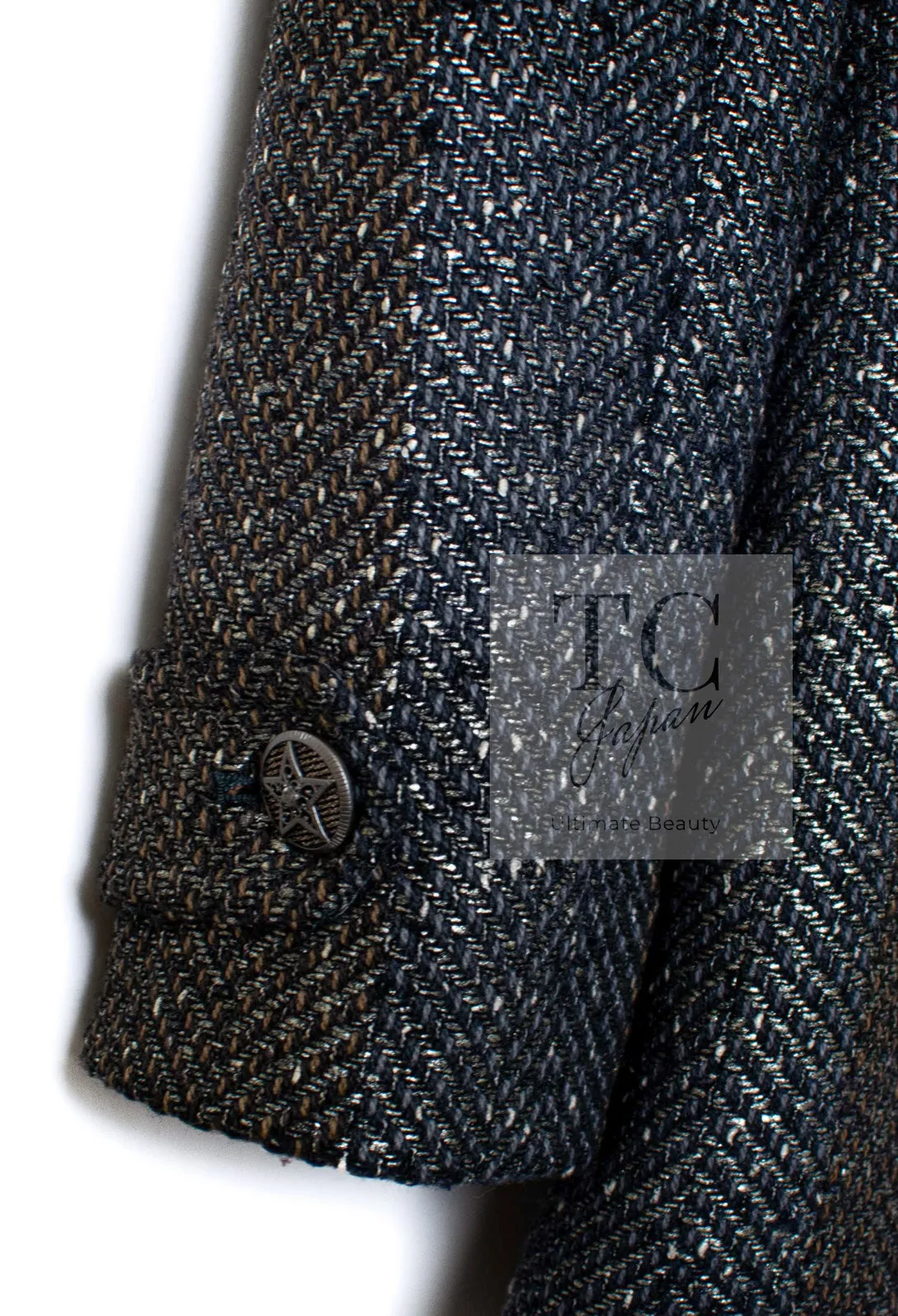 CHANEL 07PF Gray Silver Chevron Double Wool Tweed Jacket Coat 38 シャネル グレー シルバー シェブロン ダブル ウール ツイード ジャケット コート 即発