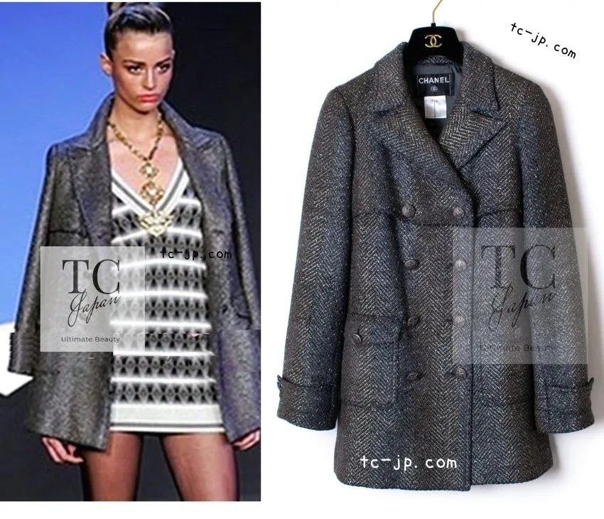 CHANEL 07PF Gray Silver Chevron Double Wool Tweed Jacket Coat 38 シャネル グレー シルバー シェブロン ダブル ウール ツイード ジャケット コート 即発