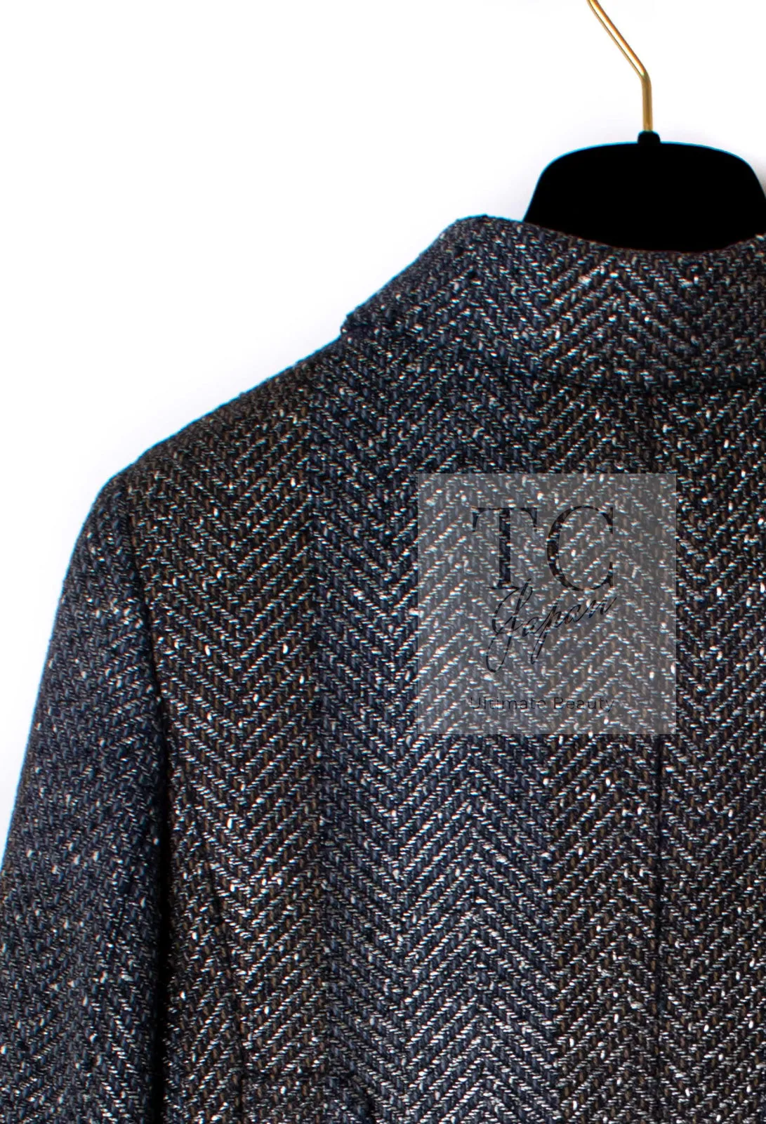 CHANEL 07PF Gray Silver Chevron Double Wool Tweed Jacket Coat 38 シャネル グレー シルバー シェブロン ダブル ウール ツイード ジャケット コート 即発