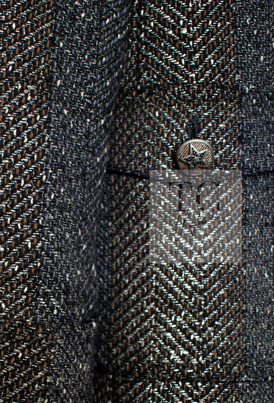 CHANEL 07PF Gray Silver Chevron Double Wool Tweed Jacket Coat 38 シャネル グレー シルバー シェブロン ダブル ウール ツイード ジャケット コート 即発