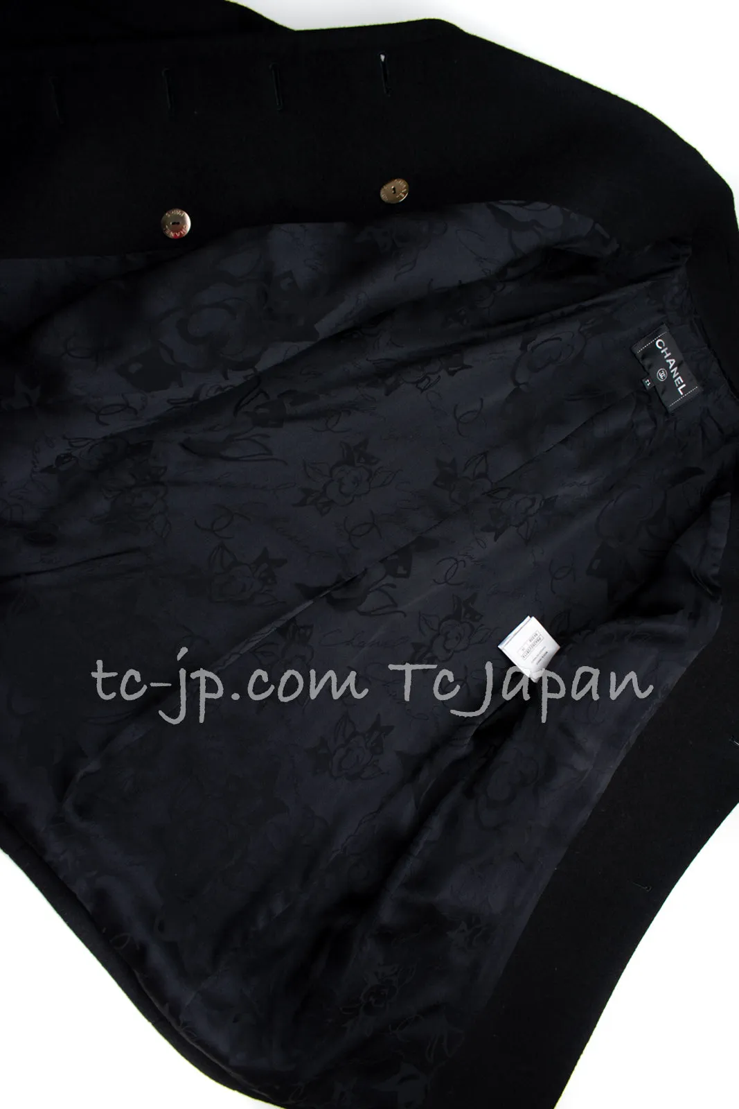 CHANEL 16PF Black Cashmere Gold Logo Button Double Coat 42 44 シャネル ブラック カシミア ゴールド ロゴ ボタン ダブル ピーコート 即発