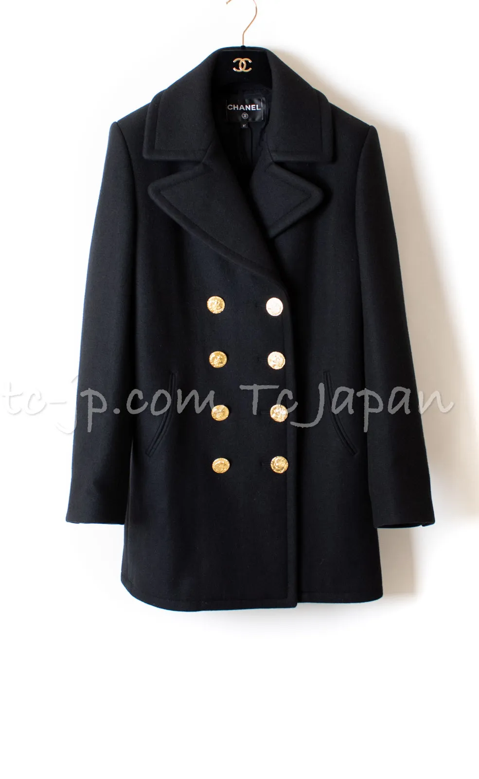 CHANEL 16PF Black Cashmere Gold Logo Button Double Coat 42 44 シャネル ブラック カシミア ゴールド ロゴ ボタン ダブル ピーコート 即発