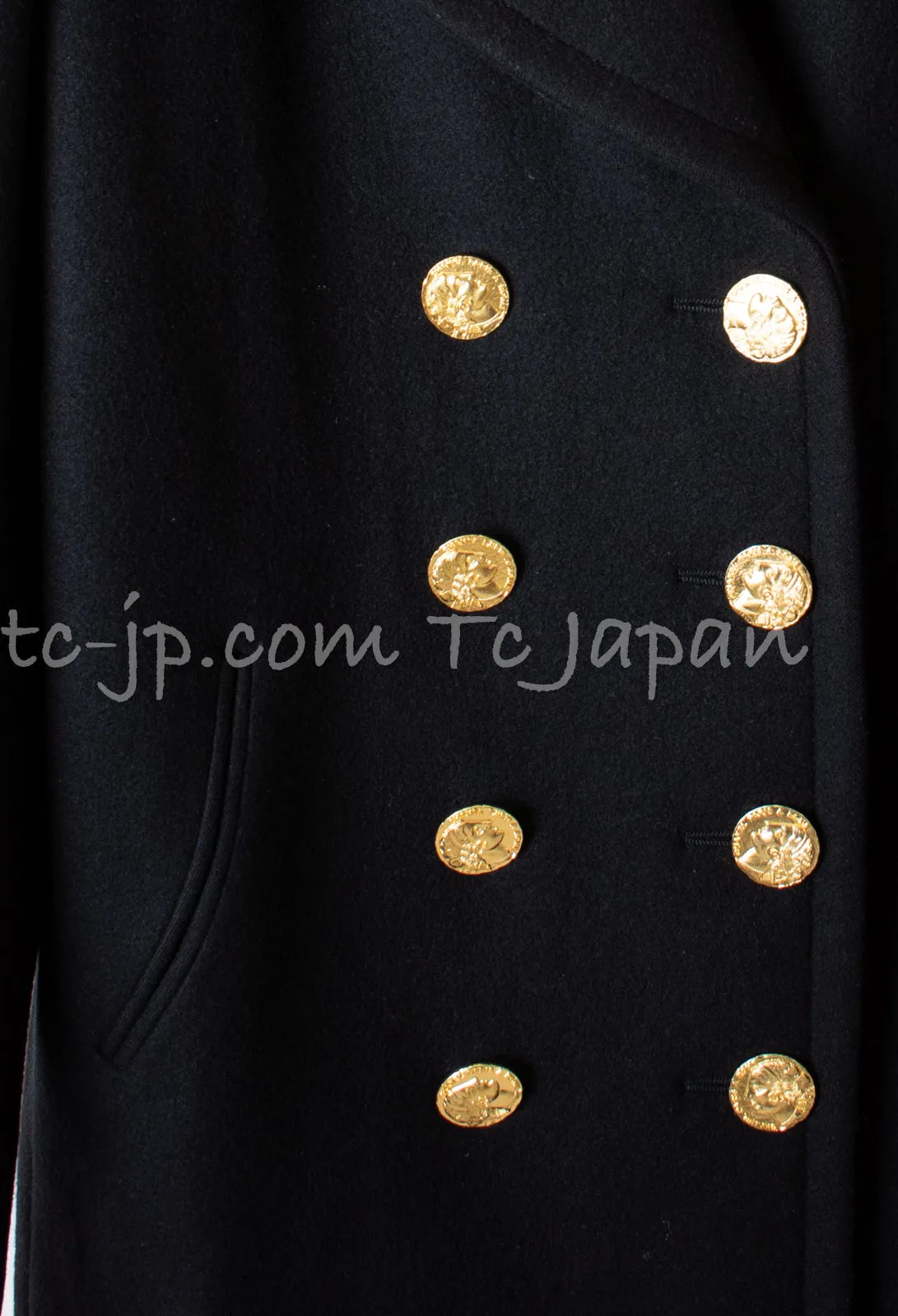 CHANEL 16PF Black Cashmere Gold Logo Button Double Coat 42 44 シャネル ブラック カシミア ゴールド ロゴ ボタン ダブル ピーコート 即発