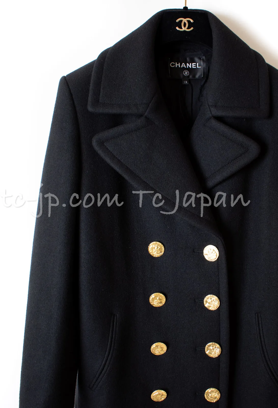 CHANEL 16PF Black Cashmere Gold Logo Button Double Coat 42 44 シャネル ブラック カシミア ゴールド ロゴ ボタン ダブル ピーコート 即発