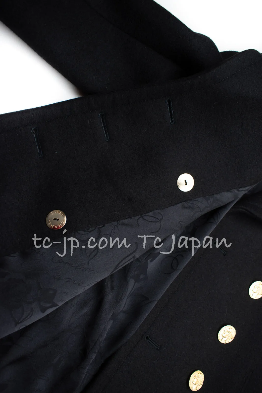 CHANEL 16PF Black Cashmere Gold Logo Button Double Coat 42 44 シャネル ブラック カシミア ゴールド ロゴ ボタン ダブル ピーコート 即発
