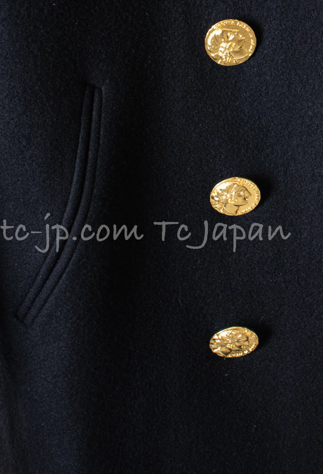 CHANEL 16PF Black Cashmere Gold Logo Button Double Coat 42 44 シャネル ブラック カシミア ゴールド ロゴ ボタン ダブル ピーコート 即発
