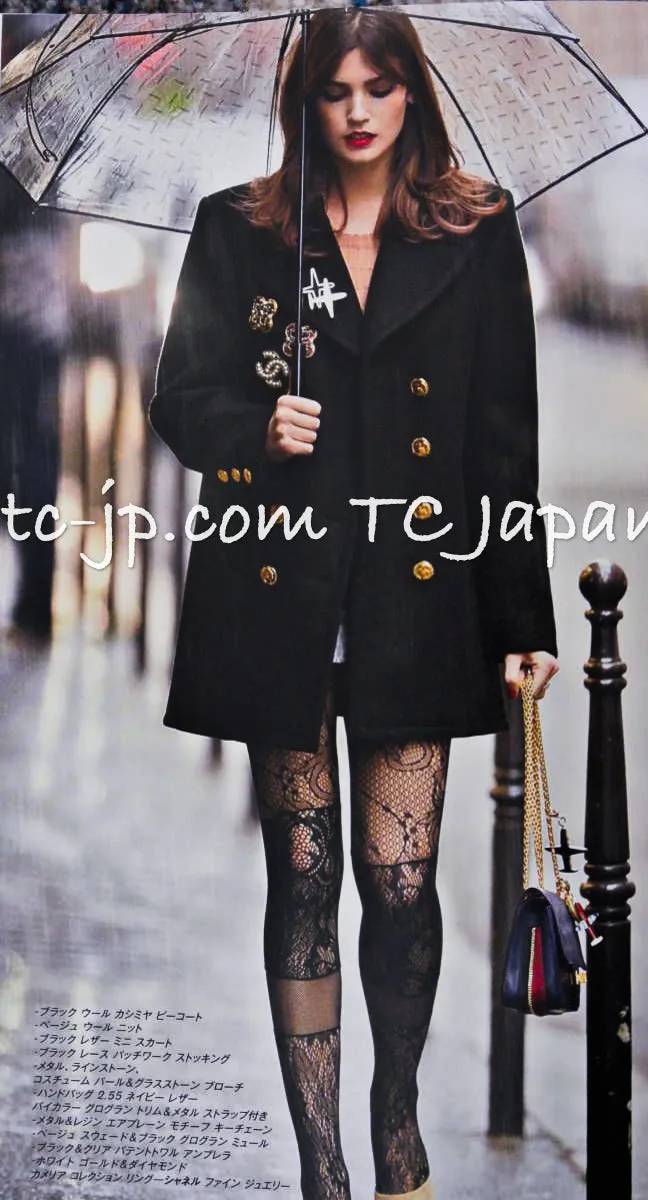 CHANEL 16PF Black Cashmere Gold Logo Button Double Coat 42 44 シャネル ブラック カシミア ゴールド ロゴ ボタン ダブル ピーコート 即発