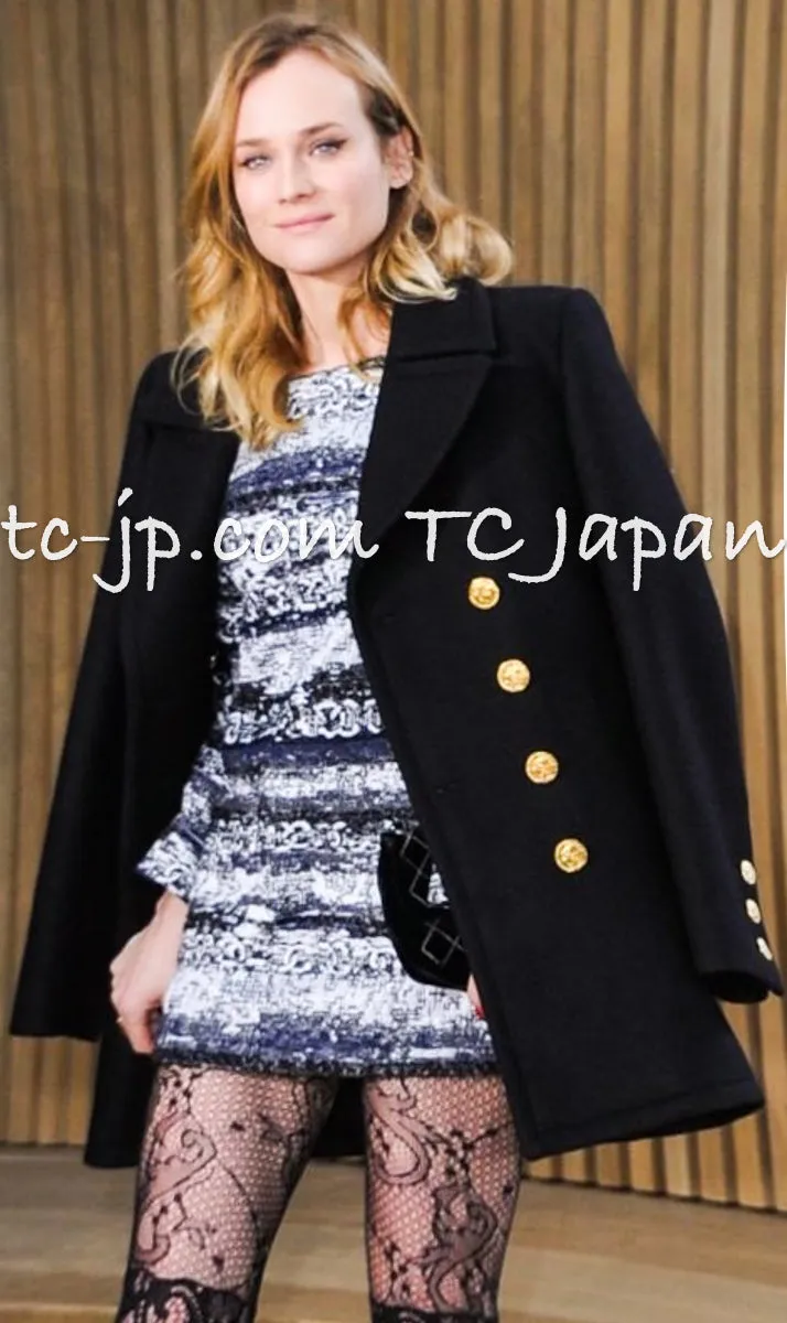 CHANEL 16PF Black Cashmere Gold Logo Button Double Coat 42 44 シャネル ブラック カシミア ゴールド ロゴ ボタン ダブル ピーコート 即発