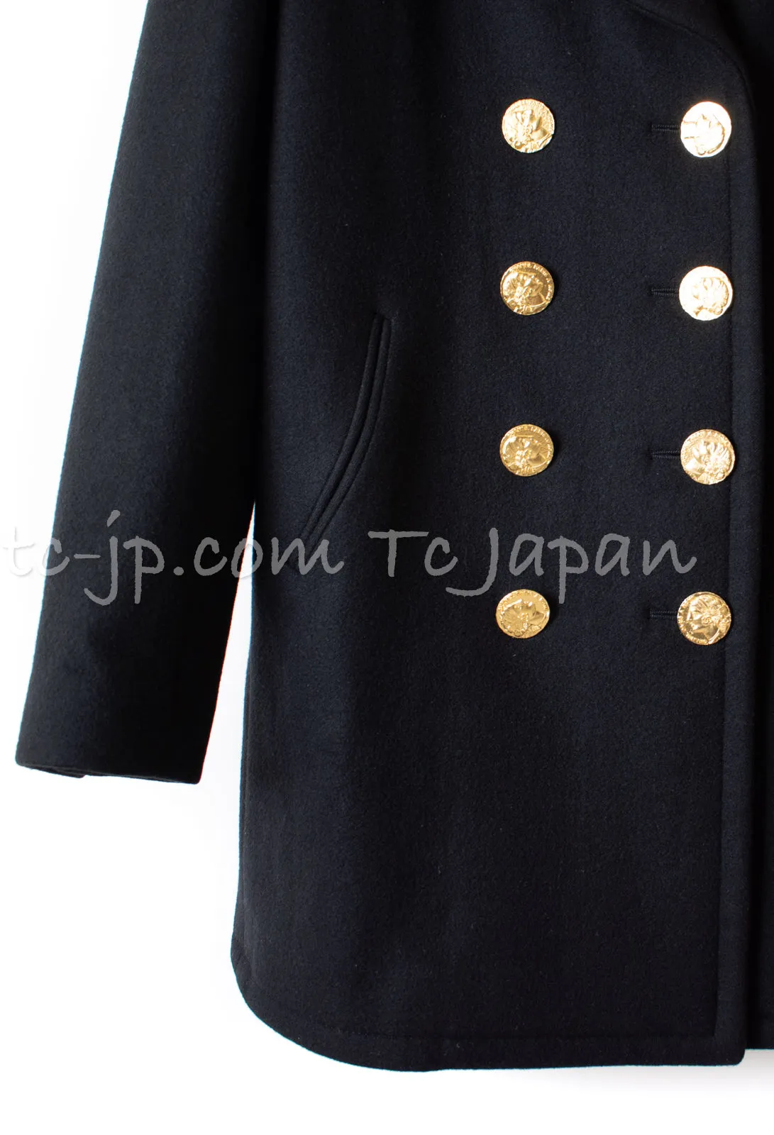 CHANEL 16PF Black Cashmere Gold Logo Button Double Coat 42 44 シャネル ブラック カシミア ゴールド ロゴ ボタン ダブル ピーコート 即発