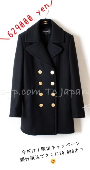 CHANEL 16PF Black Cashmere Gold Logo Button Double Coat 42 44 シャネル ブラック カシミア ゴールド ロゴ ボタン ダブル ピーコート 即発