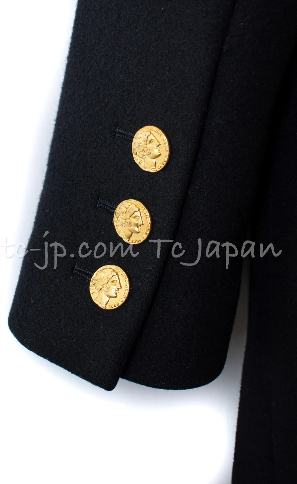 CHANEL 16PF Black Cashmere Gold Logo Button Double Coat 42 44 シャネル ブラック カシミア ゴールド ロゴ ボタン ダブル ピーコート 即発