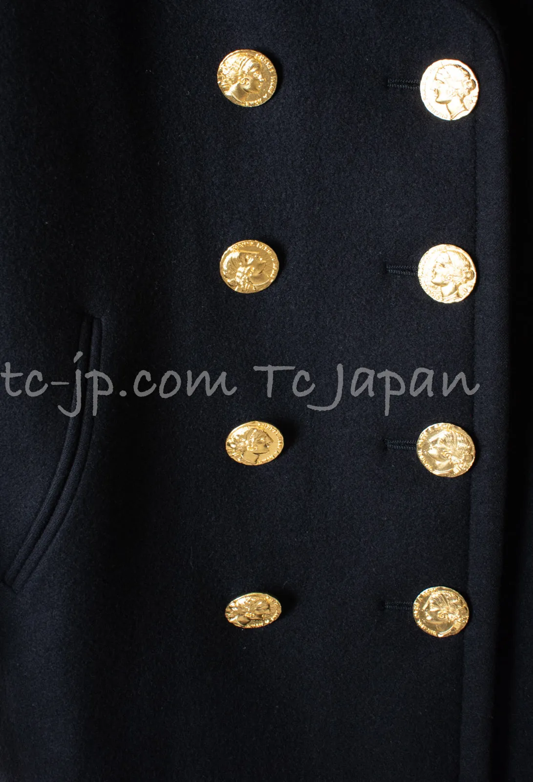 CHANEL 16PF Black Cashmere Gold Logo Button Double Coat 42 44 シャネル ブラック カシミア ゴールド ロゴ ボタン ダブル ピーコート 即発