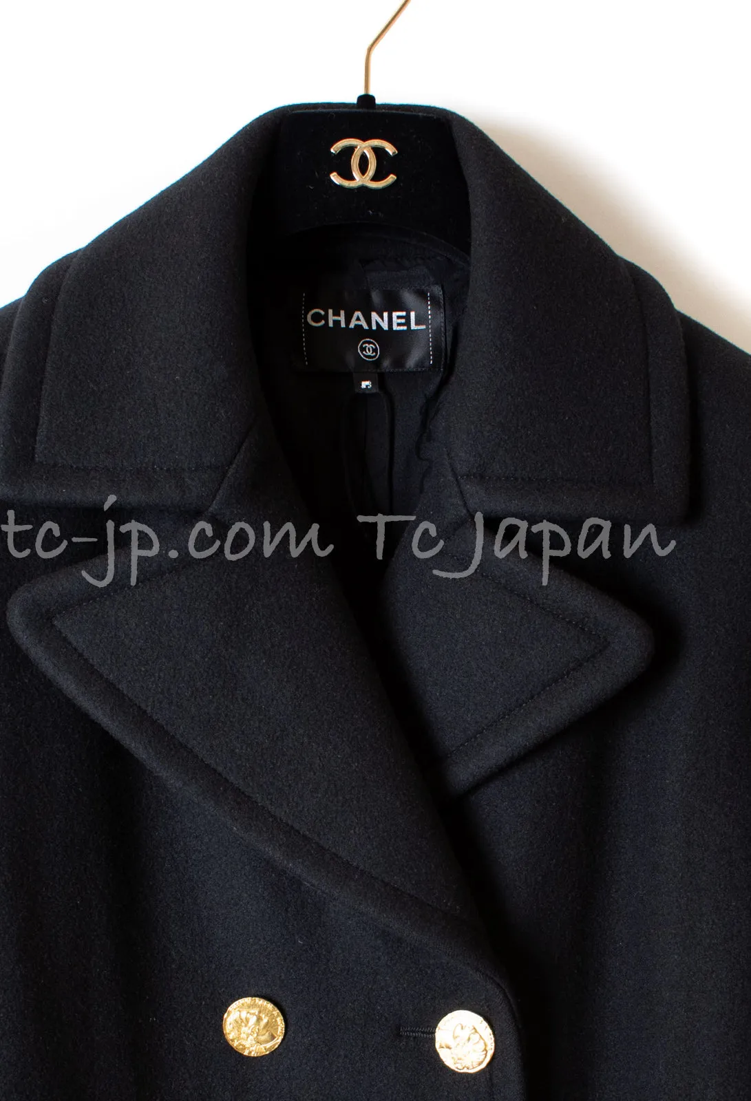 CHANEL 16PF Black Cashmere Gold Logo Button Double Coat 42 44 シャネル ブラック カシミア ゴールド ロゴ ボタン ダブル ピーコート 即発