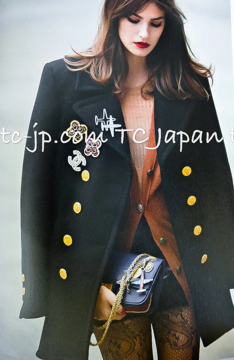 CHANEL 16PF Black Cashmere Gold Logo Button Double Coat 42 44 シャネル ブラック カシミア ゴールド ロゴ ボタン ダブル ピーコート 即発