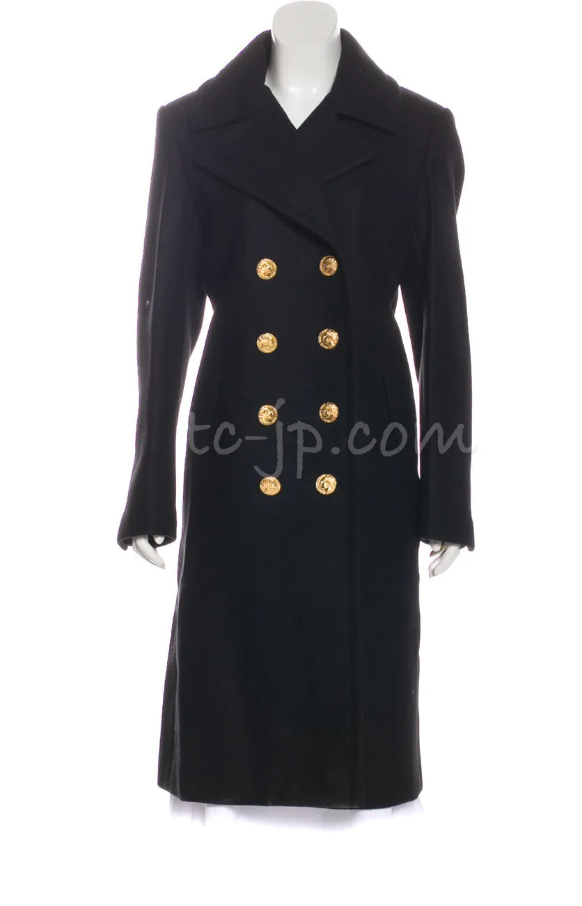 CHANEL 16PF Black Cashmere Gold Logo Button Double Long Coat 34 シャネル ブラック カシミア ゴールド ロゴ ボタン ダブル ピーコート ロング