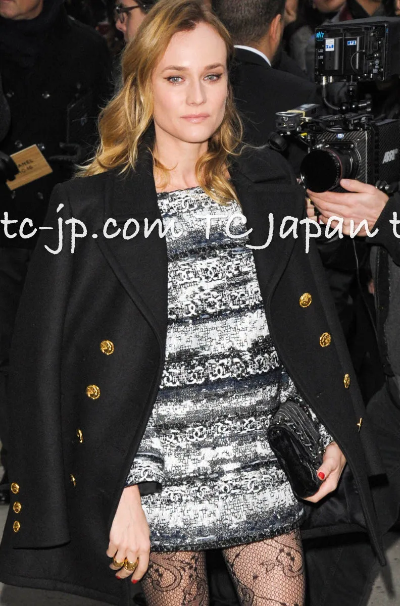 CHANEL 16PF Black Cashmere Gold Logo Button Double Long Coat 34 シャネル ブラック カシミア ゴールド ロゴ ボタン ダブル ピーコート ロング