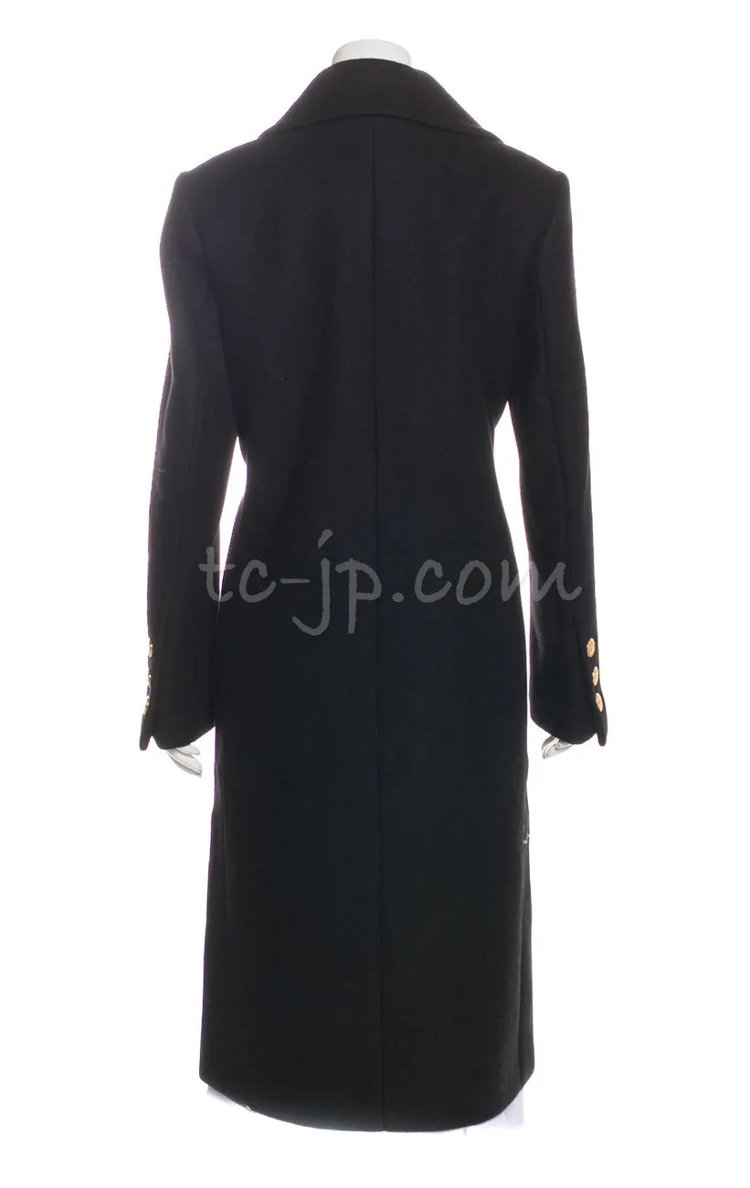 CHANEL 16PF Black Cashmere Gold Logo Button Double Long Coat 34 シャネル ブラック カシミア ゴールド ロゴ ボタン ダブル ピーコート ロング