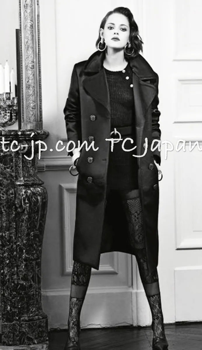 CHANEL 16PF Black Cashmere Gold Logo Button Double Long Coat 34 シャネル ブラック カシミア ゴールド ロゴ ボタン ダブル ピーコート ロング