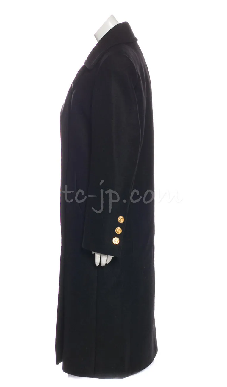 CHANEL 16PF Black Cashmere Gold Logo Button Double Long Coat 34 シャネル ブラック カシミア ゴールド ロゴ ボタン ダブル ピーコート ロング