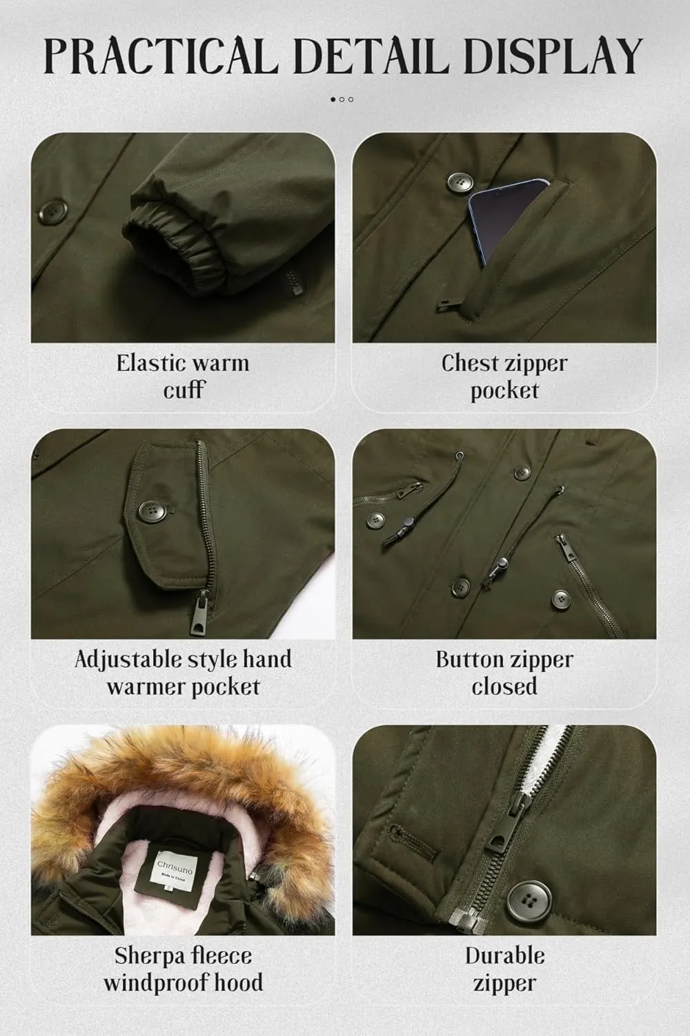 Chrisuno Women's Mid-Length Military Parka Winter Outerwear Insulated Jacket Soft Fleece Snow Faux Fur Coat