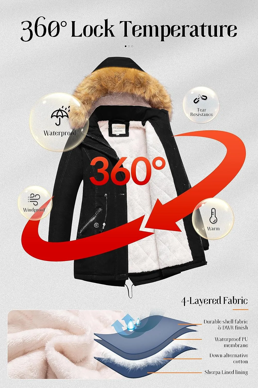 Chrisuno Women's Mid-Length Military Parka Winter Outerwear Insulated Jacket Soft Fleece Snow Faux Fur Coat